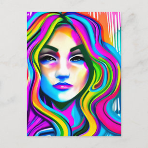 Carte Postale Portrait rétro d'une femme aux cheveux arc-en-ciel
