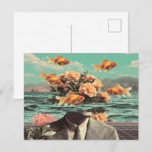 Carte Postale Portrait surréaliste avec fleurs de poisson doré e