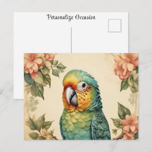 Carte Postale Portrait Vintage de Perruche Mignonne aux Fleurs