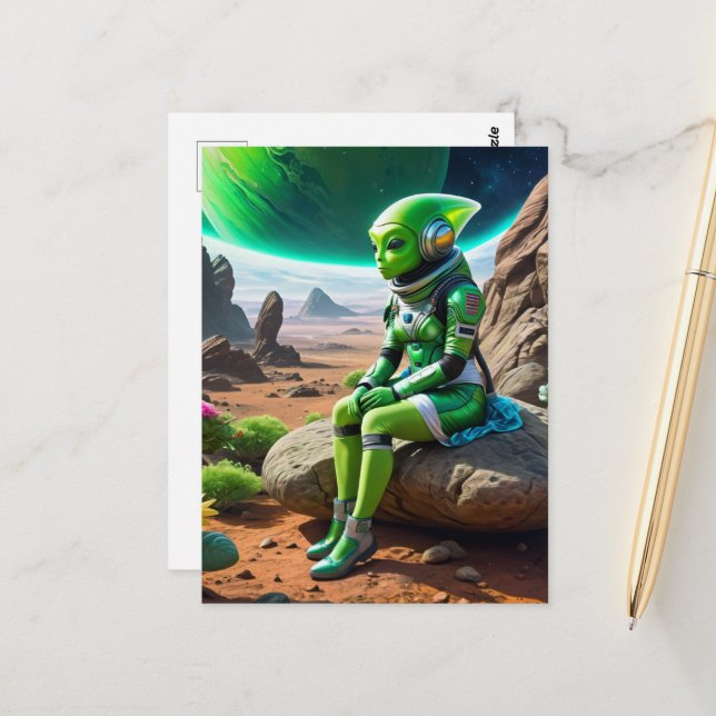 Carte Postale Pose de réflexion Alien verte (Devant/Arrière en situation)