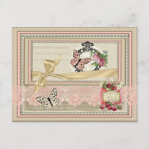 Carte Postale Postal estilo scrapbooking encaje mariposa cerezas