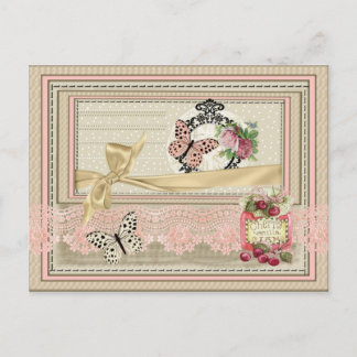 Carte Postale Postal estilo scrapbooking encaje mariposa cerezas