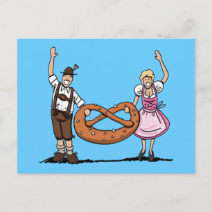 Carte Postale Postcard Bavarian Oktoberfest Couple Pretzel