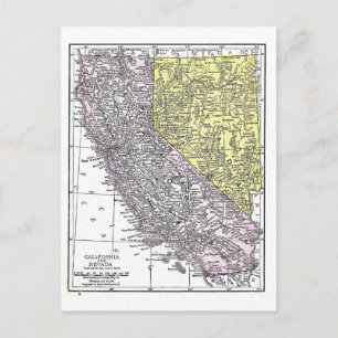 Carte Postale Postcard: Map of California and Nevada, 1921