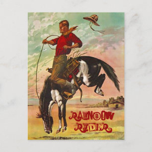 CARTE POSTALE POSTCARD WESTERN BRONC HORSE & RAINBOW RIDER