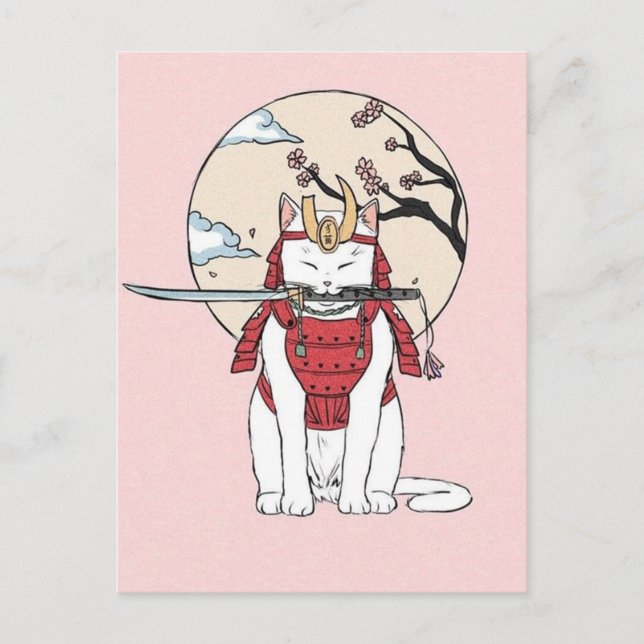 Carte Postale Poster japonais Sakura Samurai Chat (Devant)