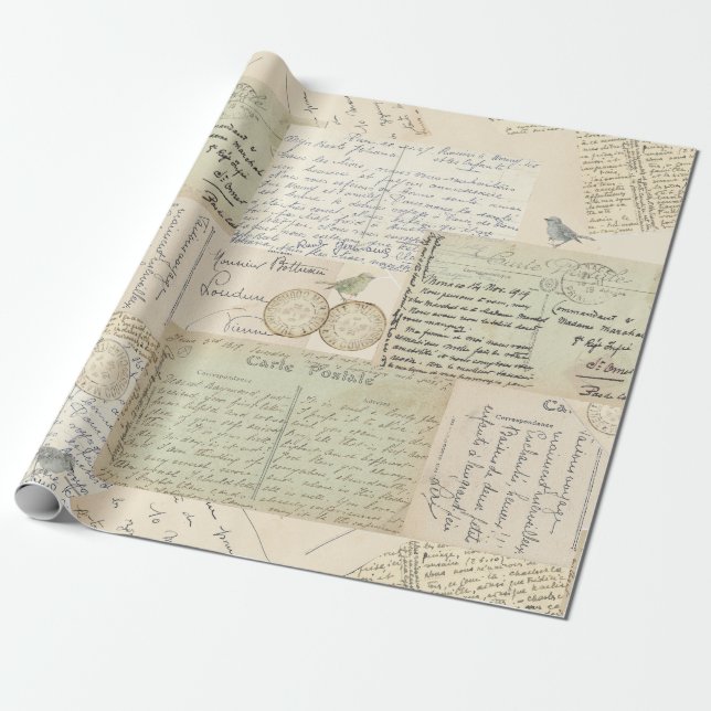 Carte Postale Postmark Bird Vintage Wrapping Paper (Unrolled)