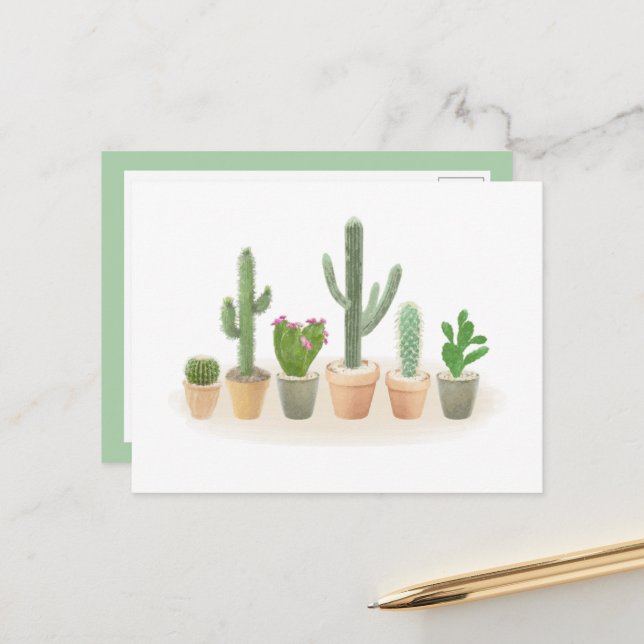 Carte Postale Pot à cactus à l'aquarelle Rangée de cactus mignon (Devant/Arrière en situation)