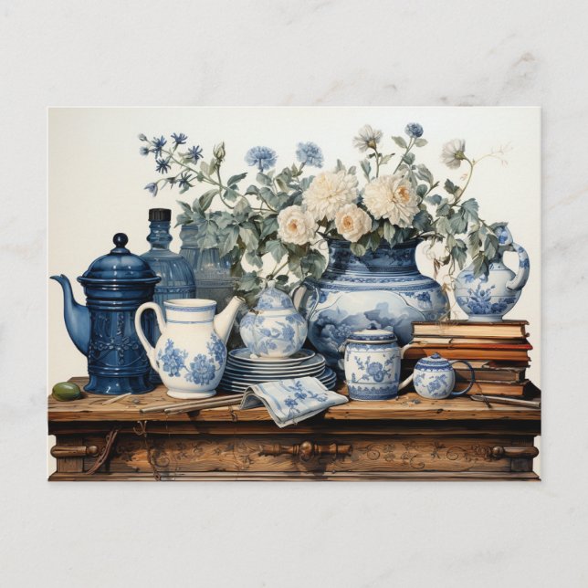 Carte Postale Pot à café bleu blanc Crème Sucre Pot en verre   (Devant)