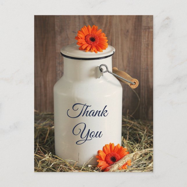 Carte Postale Pot à lait blanc rustique avec fleurs Merci (Devant)