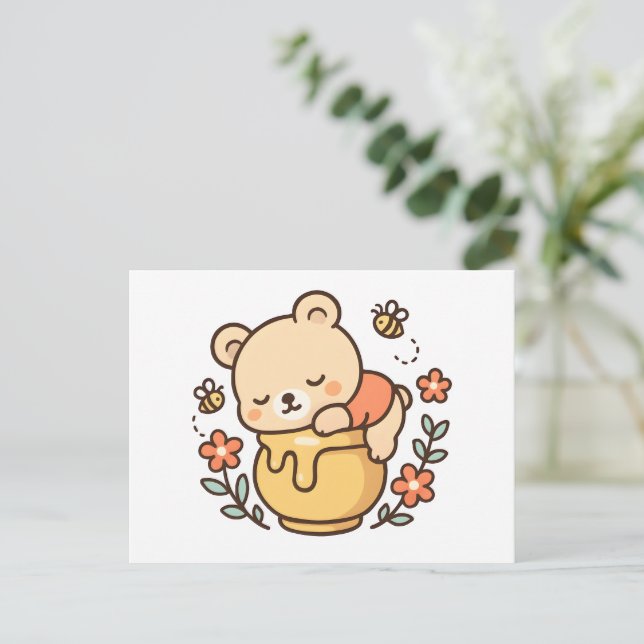 Carte Postale Pot de miel avec un ours mignon endormi Design Kaw (Debout devant)