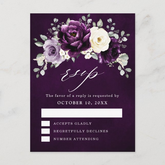 Carte Postale Poule d'aubergine Plum ivoire blanc Floral RSVP Po (Devant)