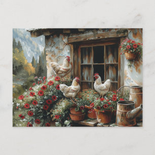 Carte Postale Poules blanches sur appui de fenêtre Fleurs rouges