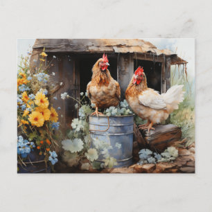 Carte Postale Poules en seau de fer coopérative aux fleurs jaune