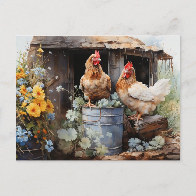 Carte Postale Poulet Étanche Bouche Poulet Coop Fleurs Jaunes (Devant)