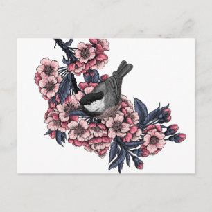 Carte Postale Poulet sur une branche de cerise en fleurs