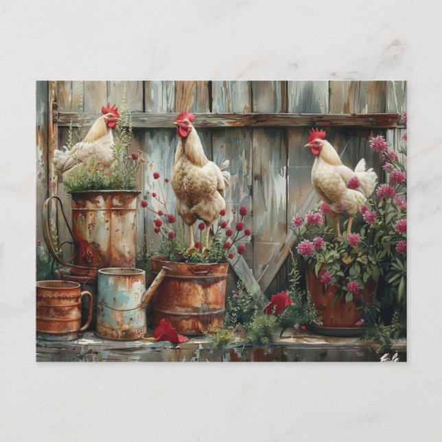 Carte Postale Poulets Rustique Arrosoir Seau en Étain Fleurs  (Devant)