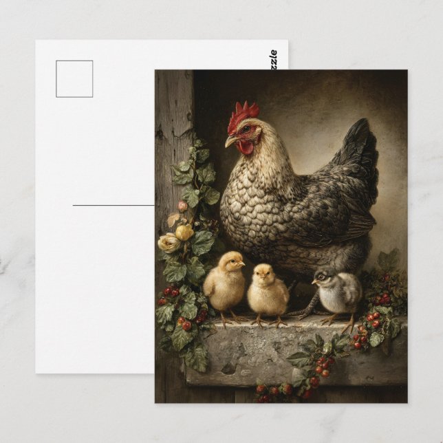 Carte Postale Poulets rustiques avec poules (Devant / Derrière)