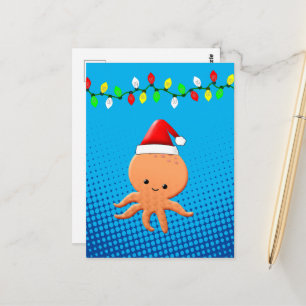 Carte Postale Poulpe de dessin animé mignon chapeau de Père Noël