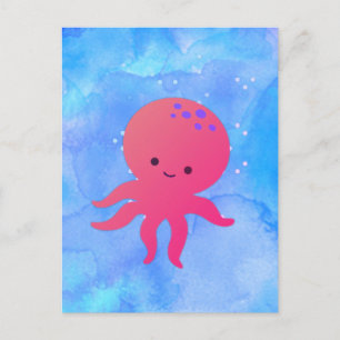 Carte Postale Poulpe de dessin animé mignon dans l'aquarelle de