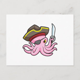 Carte Postale Poulpe en pirate avec sabre et cache-œil