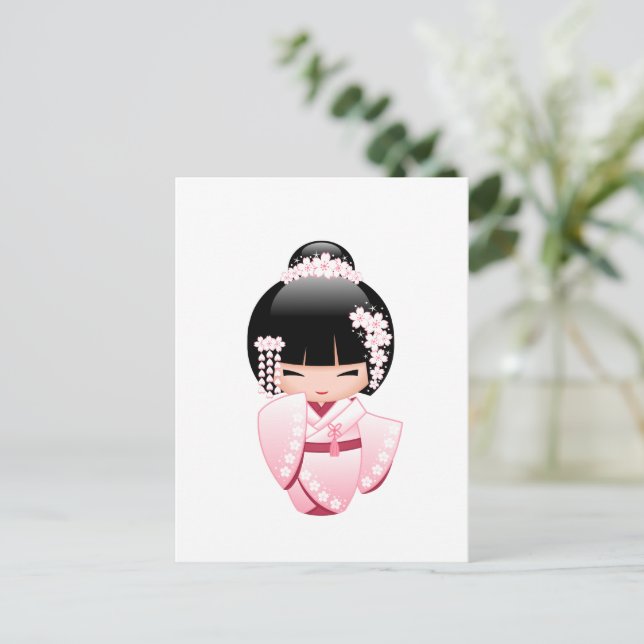 Carte Postale Poupée blanche Kimono Kokeshi - mignonne Geisha Gi (Debout devant)