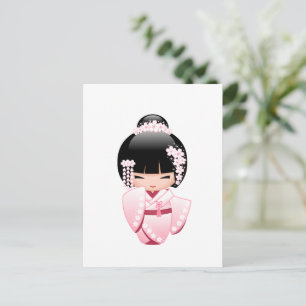 Carte Postale Poupée blanche Kimono Kokeshi - mignonne Geisha Gi