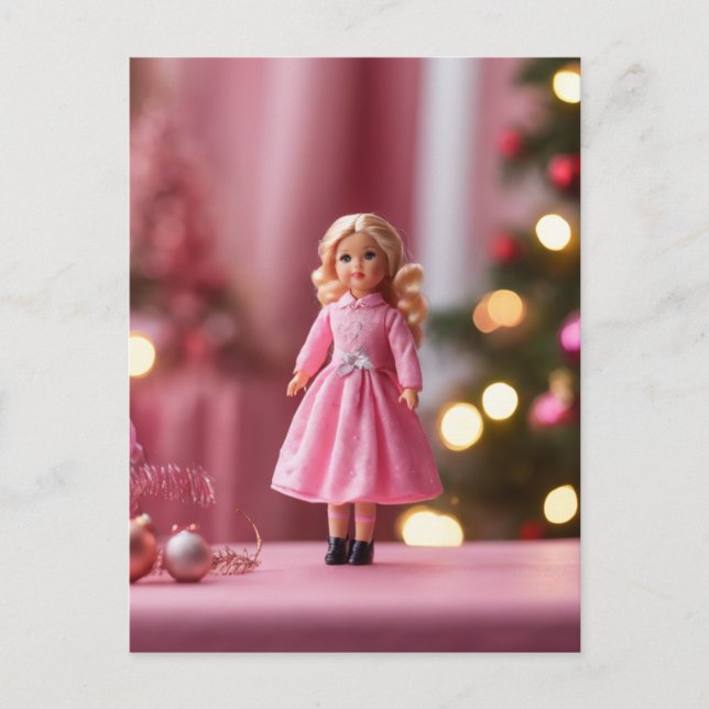 Carte Postale Poupée blonde adorable en Noël rose (Devant)