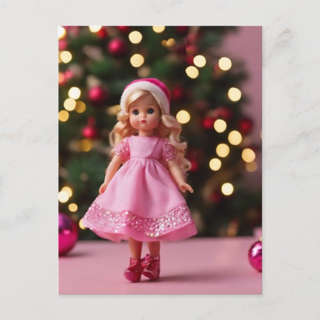 Carte Postale Poupée blonde mignonne à Noël rose (Devant)