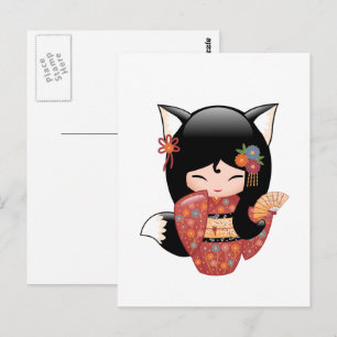 Carte Postale Poupée Kitsune Kokeshi - Black Fox Geisha Girl
