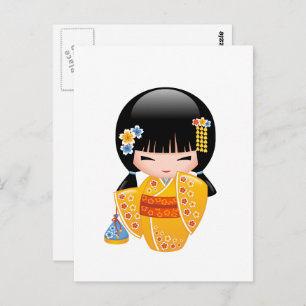 Carte Postale Poupée Kokeshi été - Kimono Jaune fille