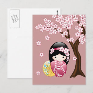 Carte Postale Poupée Kokeshi Printemps - Jolie Geisha Vous Manqu
