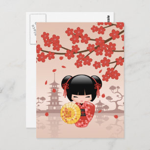 Carte Postale Poupée rouge Sakura Kokeshi - Geisha japonais
