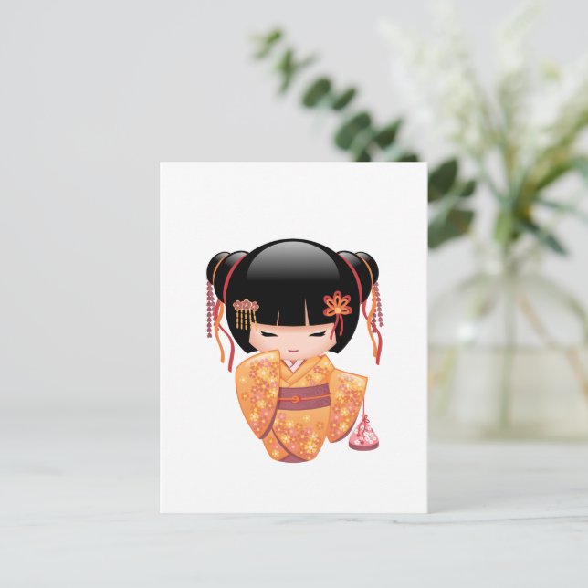 Carte Postale Poupée Ume Kokeshi - Japonaise Pêche Geisha Girl (Debout devant)