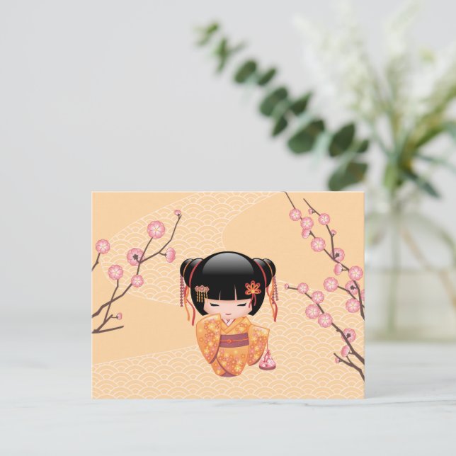 Carte Postale Poupée Ume Kokeshi - Japonaise Pêche Geisha Girl (Debout devant)