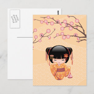 Carte Postale Poupée Ume Kokeshi - Japonaise Pêche Geisha Girl