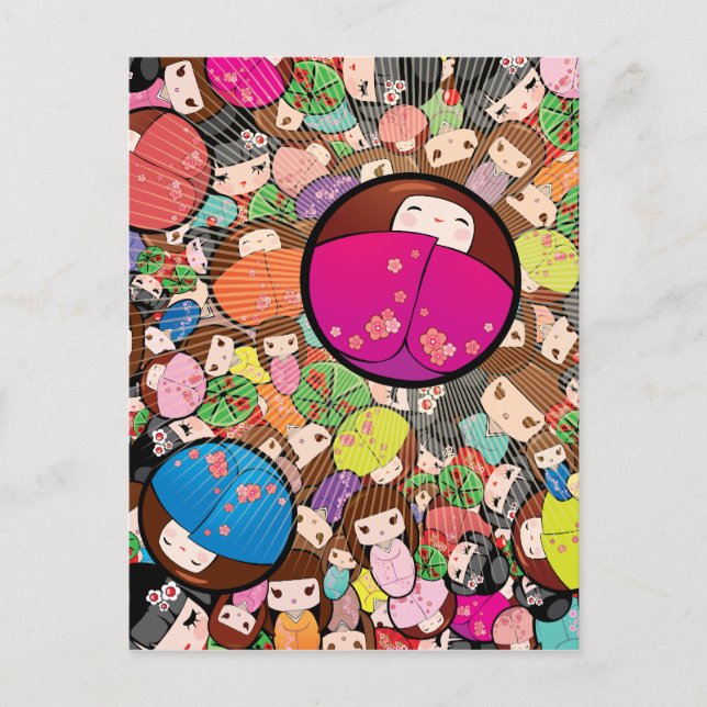 Carte Postale Poupées japonaises Kawaii Kokeshi (Devant)