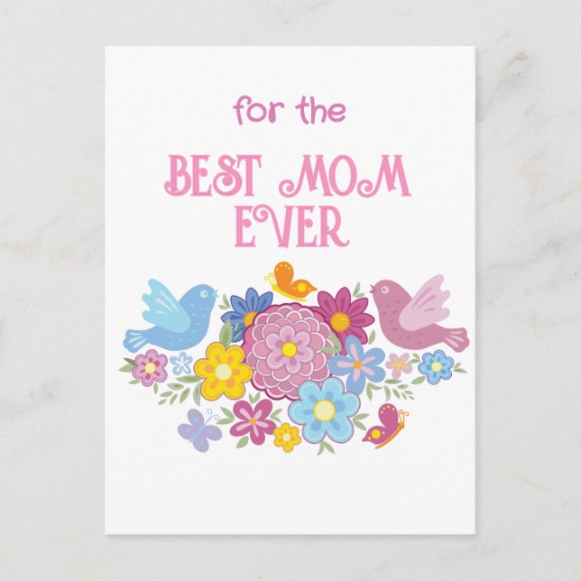 Carte Postale Pour la Meilleure Maman Fleurs et papillon, oiseau (Devant)