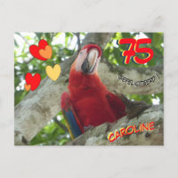 Carte postale pour les 75 ans d'un perroquet rouge