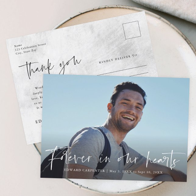 Carte Postale Pour toujours dans nos coeurs Merci funéraire funé (Modern script simple photo memorial thank you card.)