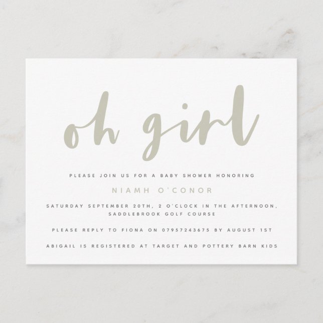 Carte postale pour une baby shower Oh girl. (Devant)