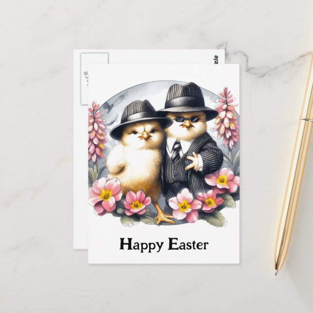 Carte Postale Poussins de Pâques drôles Fleurs roses jaunes (Devant/Arrière en situation)