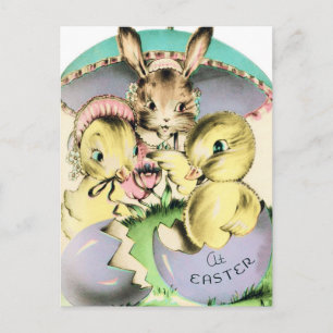 Carte Postale Poussins et lapins de Pâques rétro
