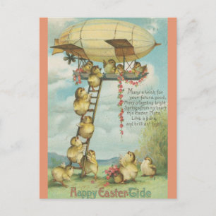 Carte Postale Poussins Vintage sur une échelle vers un ballon de