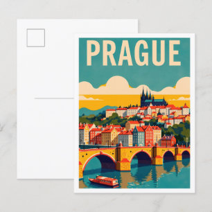 Carte Postale Prague Art Vintage Illustration Voyage