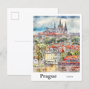 Carte Postale Prague Tchèque Aquarelle Sketch Main