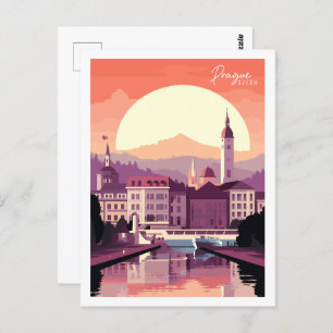 Carte Postale Prague Tchèque vintage lieu de voyage illustration