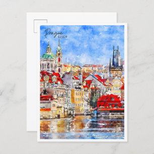 Carte Postale Prague Tchèque vintage voyage aquarelle
