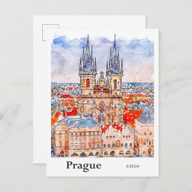 Carte Postale Prague Tchèque Voyage Aquarelle main tirée (Devant / Derrière)