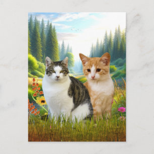 Carte Postale Prairie de fleurs sauvages avec des chats